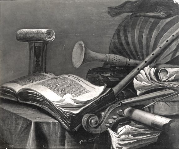 Anonimo — Vermeulen Jan - sec. XVII - Natura morta con libro, clessidra e strumenti musicali — insieme